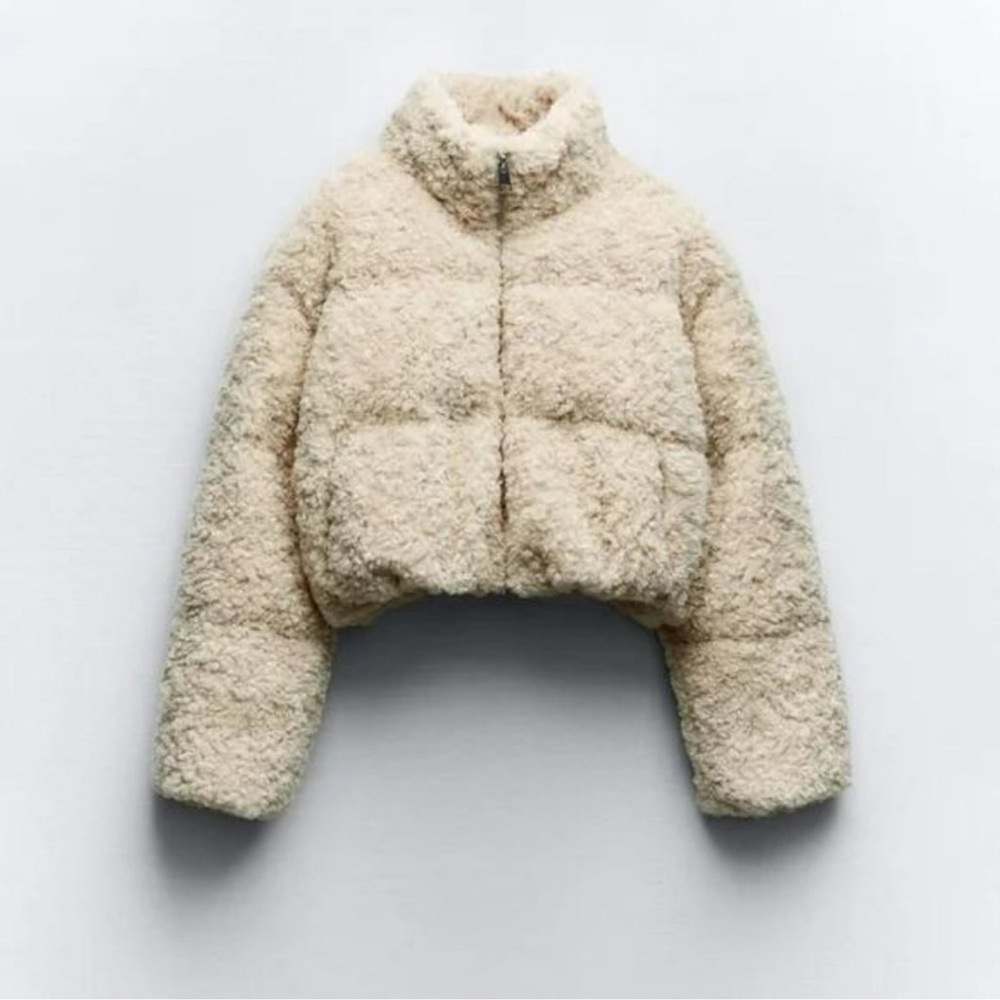 NWT- Zara Cropped Teddy Puffer in Cream, XS